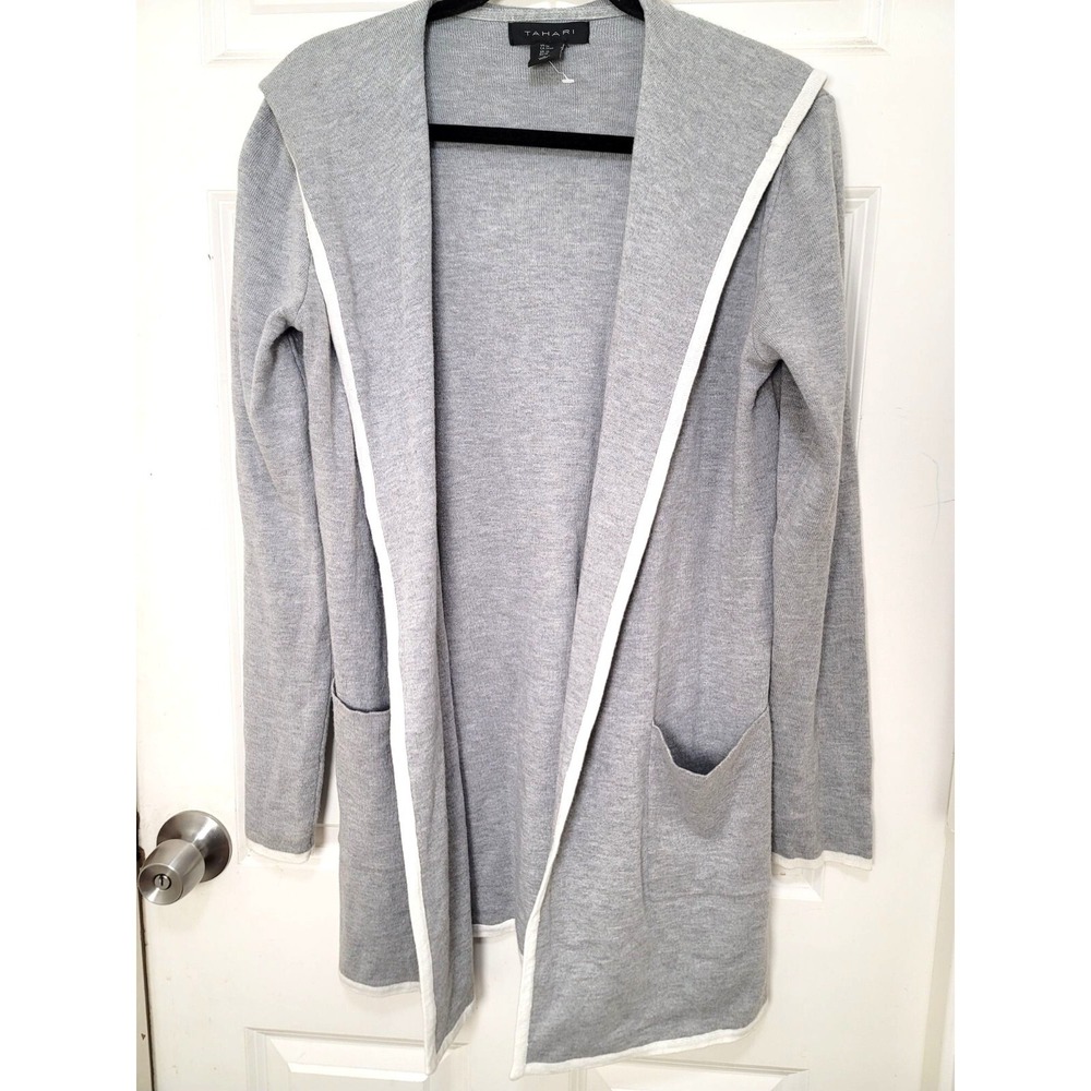 TAHARI Women's Gray Hooded Open Front Cardigan With‎ Pockets Size M